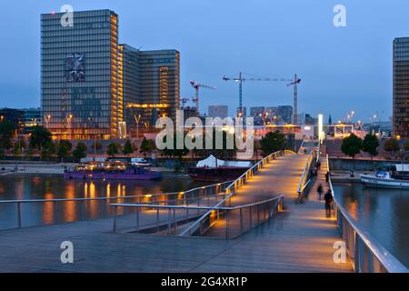 FRANCE, PARIS (75013), PASSERELLE SIMONE-DE-BEAUVOIR (ARCHITECTE : DIETMAR FEICHTINGER) ET BIBLIOTHÈQUE NATIONALE DE FRANCE (BNF - NATIONAL FRANÇAIS LIBR Banque D'Images