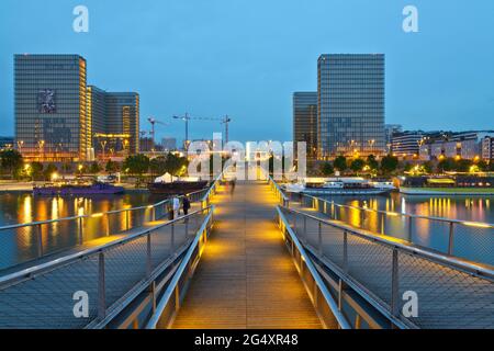 FRANCE, PARIS (75013), PASSERELLE SIMONE-DE-BEAUVOIR (ARCHITECTE : DIETMAR FEICHTINGER) ET BIBLIOTHÈQUE NATIONALE DE FRANCE (BNF - NATIONAL FRANÇAIS LIBR Banque D'Images