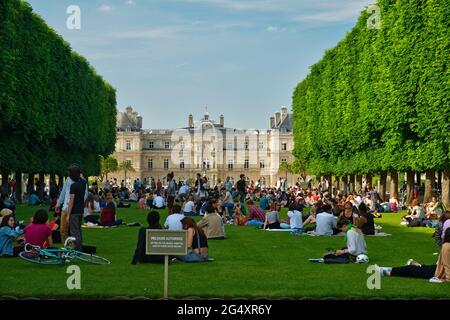 FRANCE, PARIS (75), JARDIN DU LUXEMBOURG, HERBE AUTORISÉE ET PALAIS DU LUXEMBOURG Banque D'Images