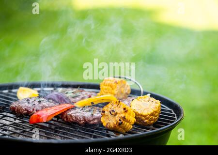 Barbecue chaud et fumeur, plats grillés sur le grill au charbon de bois dans le jardin en été. Banque D'Images