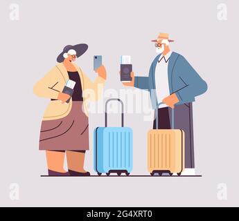 couple de touristes âgés grands-parents avec des passeports pour bagages et des billets prêts à embarquer pour des vacances à l'aéroport Illustration de Vecteur