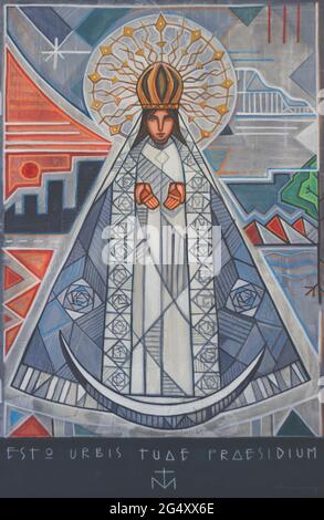 Peinture de la Vierge du Chêne, en espagnol Virgen del Roble, de Monterrey Mexique, et une phrase en latin qui signifie: Être la protection de notre ville Banque D'Images