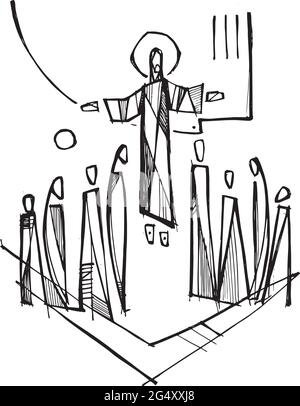 Illustration vectorielle dessinée à la main ou dessin de Jésus-Christ avec des apôtres à son ascension Illustration de Vecteur