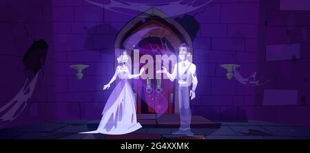 Fantômes dans le donjon médiéval ou dans l'intérieur du vieux château de nuit. Couple mort dame et gentilhomme dansent dans l'obscurité. Pièce effrayante avec des murs fissurés et toile de araignée, scène d'halloween, illustration vectorielle de dessin animé Illustration de Vecteur