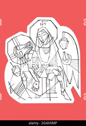 Illustration vectorielle dessinée à la main ou dessin de la Vierge Marie tenant Jésus Christ à sa passion et ses anges en arrière-plan Illustration de Vecteur