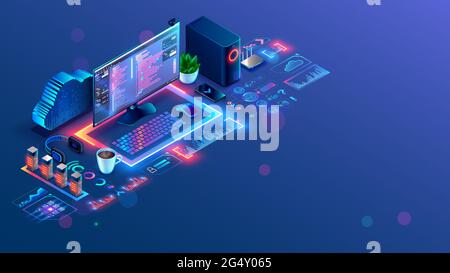 Logiciel, développement web, concept de programmation. Code de programme API dans l'environnement de développement sur l'écran PC. Bureau ou lieu de travail du programmeur. En ligne Illustration de Vecteur