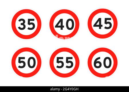 Limite de vitesse 35, 40, 45, 50, 55, 60 route ronde icône signe de la route plate style design vecteur illustration ensemble isolé sur fond blanc. Cercle standard Illustration de Vecteur