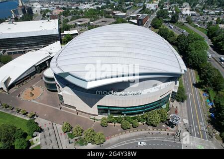 Une vue aérienne du Moda Centre, le mercredi 23 juin 2021, à Portland, L'arène accueille les Portland Trail Blazers. Banque D'Images
