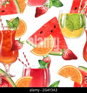 Arrière-plan d'été dynamique. Motif sans couture avec cocktails et fruits. Banque D'Images
