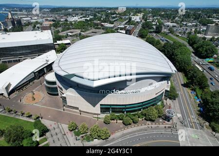 Une vue aérienne du Moda Centre, le mercredi 23 juin 2021, à Portland, L'arène accueille les Portland Trail Blazers. Banque D'Images