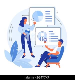 Entraînement avec l'entraîneur de vie. Services d'amélioration personnelle. Mentor présentant des graphiques et des rapports pour le client. Psychothérapie des objectifs et de la motivation Illustration de Vecteur