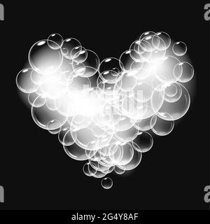 Mousse de savon réaliste avec bulles en forme de coeur. Symbole de Saint-Valentin. Coeur savonneux brillant romantique. Arrière-plan noir. Illustration de Vecteur