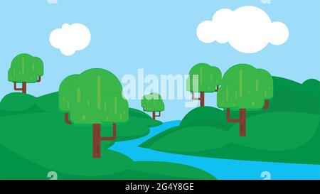 Caricature plate panorama du printemps été belle nature, prairie verte avec lac bleu, montagnes sur fond d'horizon. Illustration de Vecteur
