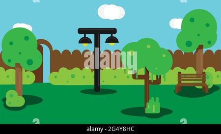 Parc municipal avec arbres verts, banc, buissons et lanterne. Parc de la ville paysage nature. Jardin public urbain. Illustration vectorielle plate. Illustration de Vecteur