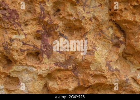 Peintures rupestres des Abrics de l'Ermita, près de l'ermitage de l'Ermita de la Pietat, vieux d'environ 8000 ans qui est un site classé au patrimoine mondial de l'UNESCO (Ulldecona) Banque D'Images