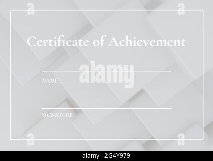 Texte du certificat de réalisation avec lignes blanches et espace de copie avec formes 3d sur fond gris Banque D'Images