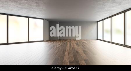 loft vide non meublé avec de grandes fenêtres et sol en bois massif 3d rendu illustration Banque D'Images