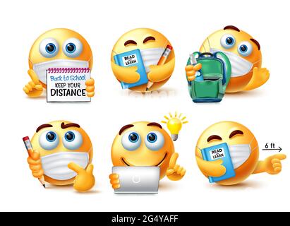 Soumilez à l'école directives de sécurité ensemble de vecteur. Emojis 3d élève personnage dans Covid-19 mesure de sécurité pour l'éducation scolaire nouvelle émoticône normal. Illustration de Vecteur