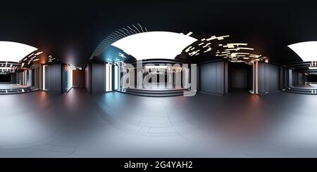 Vue panoramique sphérique complète 360 équirectangulaire de la technologie futuriste sombre moderne architecture de bâtiment 3d rendu illustration hdri hdr vr Banque D'Images