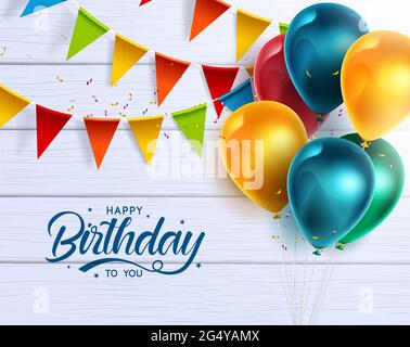Motif banderole vecteur joyeux anniversaire. Joyeux anniversaire à vous texte de salutation avec des éléments colorés de célébration comme des ballons et des pennants pour le jour de naissance. Illustration de Vecteur