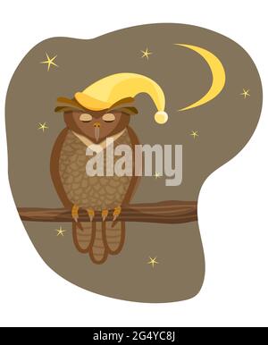 hibou brun dans un chapeau jaune se trouve sur une branche et dort sur le fond du ciel de nuit avec une lune et des étoiles Illustration de Vecteur