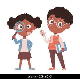 Concept de retour à l'école. Joyeux écolier et écolier afro-américain. Personnages de dessin animé mignons. Illustration vectorielle Illustration de Vecteur