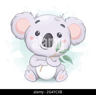 Koala drôle avec branche d'eucalyptus. Joli personnage de dessin animé. Utilisable pour l'impression, la douche de bébé, etc. Illustration vecteur de stock Illustration de Vecteur