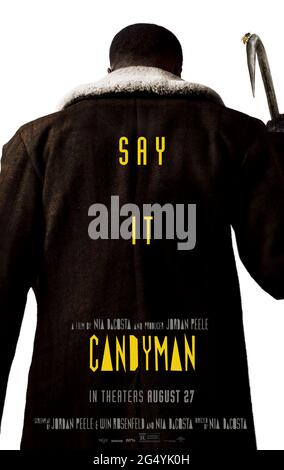 Candyman (2020) dirigé par Nia DaCosta et mettant en vedette Yahya Abdul-Mateen II, Teyonah Parris, Nathan Stewart-Jarrett et Tony Todd. Un artiste s'installe dans le quartier de Chicago, aujourd'hui plus doux, où la légende Candyman a commencé et commence à étudier le passé grisant de la région. Banque D'Images