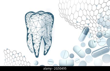 Capsule de médicament à faible dent poly concept médical. Blanchiment de la reconstruction de l'émail soins de santé. Illustration vectorielle de la procédure de dentisterie saine polygonale Illustration de Vecteur