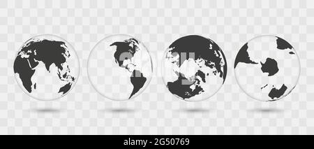 Ensemble de globes transparents de la Terre. Carte du monde réaliste en forme de globe avec texture et ombre transparentes. Illustration de Vecteur