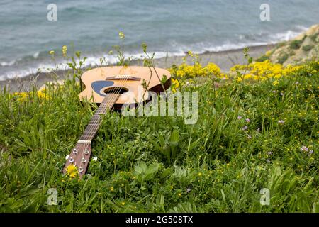 guitare acoustique située dans l'herbe verte sur le fond de la mer. romantique musique concept sonore sur la plage Banque D'Images