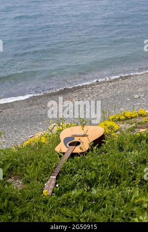 guitare acoustique située dans l'herbe verte sur le fond de la mer. romantique musique concept sonore sur la plage Banque D'Images