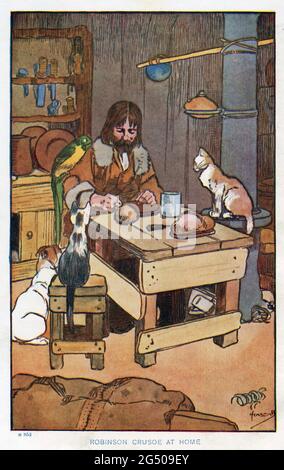 Une illustration de livre intitulée «Robinson Crusoe at home» par l'illustrateur anglais John Hassall. Publié dans le livre «The Life and Susurprenantes Adventures of Robinson Crusoe of York, Mariner» de Daniel Degoe, circa. 1915. Banque D'Images