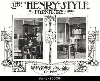 "Le style "Henry" dans le mobilier - disponible dans toutes les grandes maisons de meubles". Une publicité de 1902 pour une entreprise fabriquant des meubles décoratifs dans le style Arts & Crafts. Design Art Nouveau par G.M. Ellwood. Banque D'Images