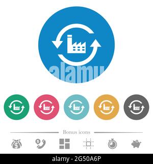 Rétablir les paramètres par défaut des icônes blanches plates sur les arrière-plans de couleur ronde. 6 icônes bonus incluses. Illustration de Vecteur