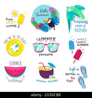 Jeu de phrases et d'icônes d'été. Bonjour paradis d'été, emprenez-moi à la plage, thérapie de vacances, état tropical de l'esprit lettering. Illustartion vectorielle Illustration de Vecteur