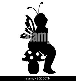 Silhouette de fille Sittinh avec ailes de buttefly assises sur un champignon. Illustration vectorielle. Illustration de Vecteur