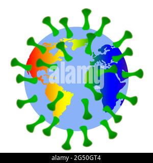 Corona Delta virus ilustration mit der Erde, in Regenbogen Farben - Zeichen für Toleranz und Gleichheit Banque D'Images