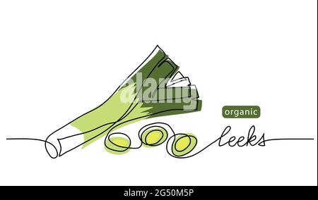 Poireaux, illustration vectorielle de tiges d'oignon frais, arrière-plan. Illustration d'un dessin sur une ligne avec des poireaux organiques en lettrage Illustration de Vecteur