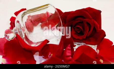 Gros plan d'un couvercle en verre transparent tombé sur le côté, entouré d'une rose rouge en pleine fleur et de pétales de rose rouge. Banque D'Images