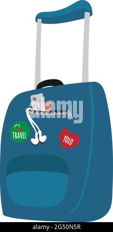 Suitcase bleu avec roues et autocollants. Bagages avec documents de voyage et écouteurs sortant. Sac résistant pour routards et voyageurs. Illustration de Vecteur