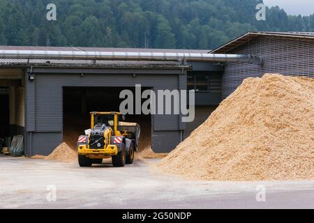 Hausach, Allemagne. 07e juin 2021. Une chargeuse sur pneus transporte de la sciure grossière sur le site d'une scierie. Les prix du bois sur le marché mondial ont fortement augmenté ces derniers temps, et ce changement se fait également sentir dans les Scieries du sud-ouest. Credit: Philipp von Ditfurth/dpa/Alay Live News Banque D'Images
