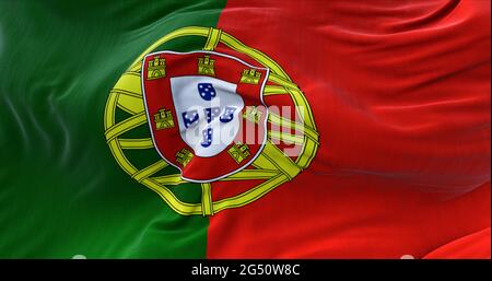 Détail du drapeau national du Portugal volant dans le vent. Démocratie et politique. Banque D'Images