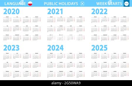 Calendrier en polonais pour les années 2020, 2021, 2022, 2023, 2024, 2025. La semaine commence à partir du lundi. Calendrier vectoriel. Illustration de Vecteur