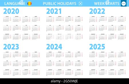 Calendrier en roumain pour les années 2020, 2021, 2022, 2023, 2024, 2025. La semaine commence à partir du lundi. Calendrier vectoriel. Illustration de Vecteur