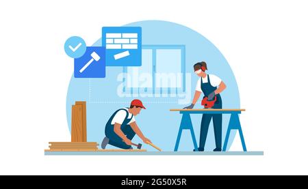 Entrepreneurs professionnels installant un plancher, ils coupent et posent les planches Illustration de Vecteur