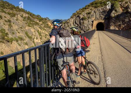 Vélo sur la voie verte du Val de Zafán entre les villages de Bot et Xerta (Tarragone, Catalogne, Espagne) ESP: Ciclismo en la Vía Verde de la Val de Zafán Banque D'Images