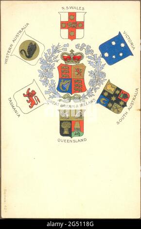 Carte postale à dos non divisé Chromolithographiée des boucliers héraldiques australiens dans le Commonwealth britannique vers 1904 Banque D'Images