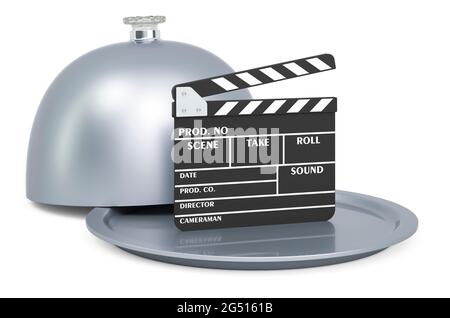 Restaurant cloche avec clapperboard. Présentation du nouveau concept de films ou de séries. Rendu 3D isolé sur fond blanc Banque D'Images
