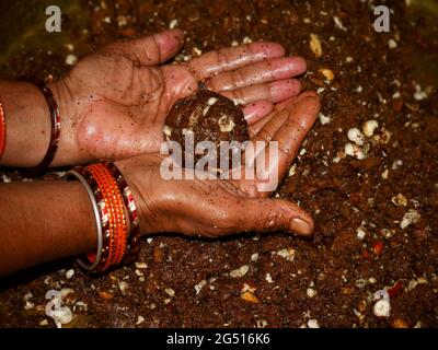 Lady Hand présente des bonbons à la main, des ingrédients de fruits secs de la nourriture traditionnelle. Banque D'Images